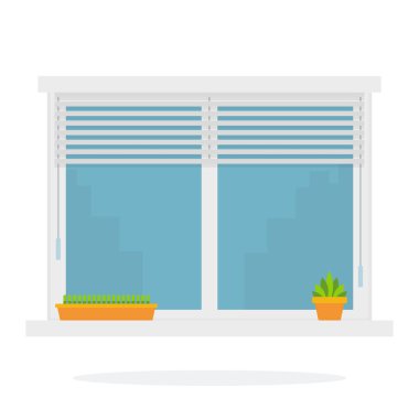 Pencerenin içinde kepenkler ve çiçek vektörü izole edilmiş.