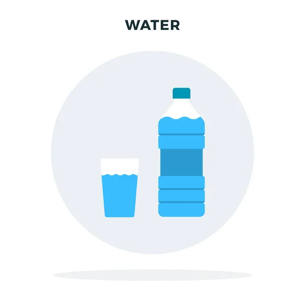 Botella de agua y un vaso de agua en un círculo gris vector plano aislado — Vector de stock