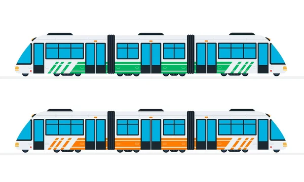 Snelheid intercity trein in groene en oranje kleur vector plat geïsoleerd — Stockvector