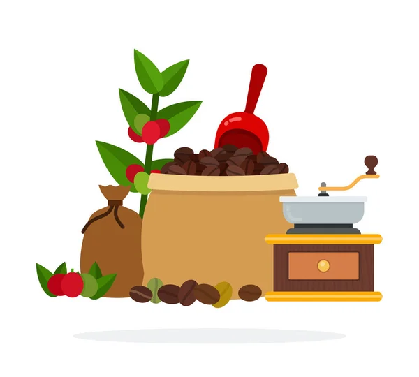 Bolsa abierta de granos de café con una cuchara para café y molinillo de café manual vector plano aislado — Archivo Imágenes Vectoriales