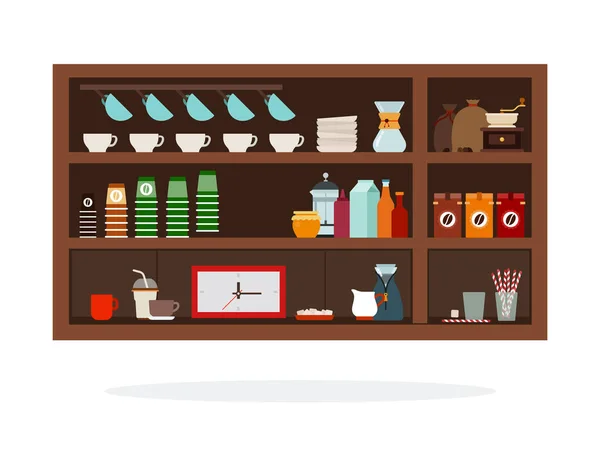 Shelf with coffee and coffee devices vector flat isolated — Stock Vector