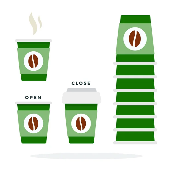 Copos de café abertos e próximos de plástico em vetor de cor verde plana isolado — Vetor de Stock