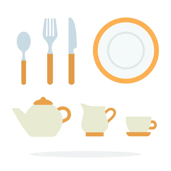 Dinnerware with orange piping and tea service vector flat isolated — 스톡 벡터