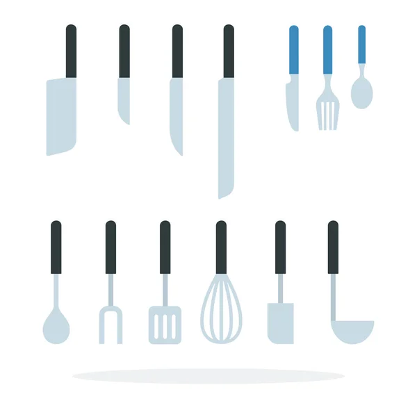Set of knives, cutlery items and kitchen tools in a row — Stock Vector