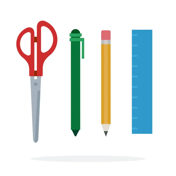 Instrumentos de escritura Tijeras, lápiz, pluma y regla vector plano aislado — Vector de stock