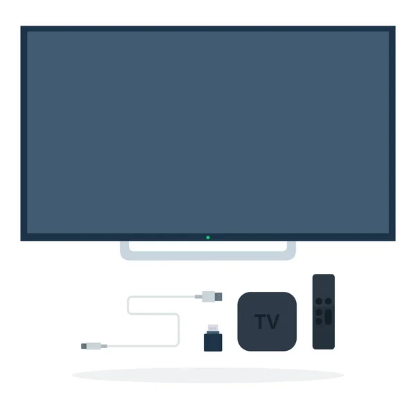 LCDテレビセットトップボックス、リモートコントロール、フラッシュドライブとUSBケーブル — ストックベクタ