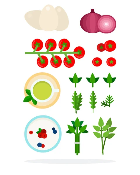 Groene thee, melkpudding, rode ui, tomatentak, eieren en kruiden — Stockvector