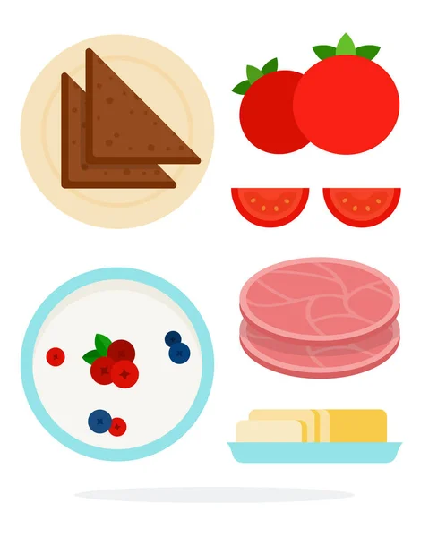 Масло в тарелке, пудинг с ягодами, ломтики ветчины, помидоры, коричневый хлеб на тарелке — стоковый вектор
