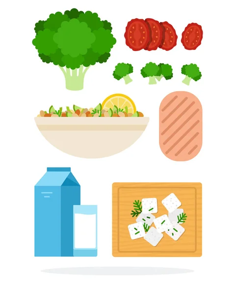 Broccoli bloemen, zongedroogde tomaten, bonensalade, kipfilet, melk in een verpakking en glas, feta kaas op het bord — Stockvector