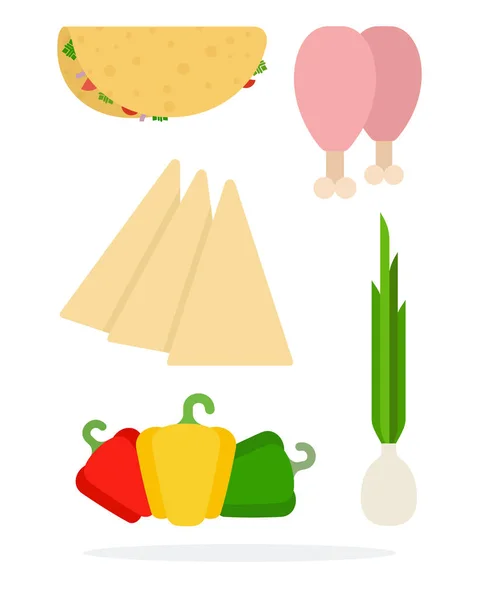 Czerwona, zielona i żółta papryka, nogi kurczaka, plasterki sera, zielona cebula i meksykańskie tacos — Wektor stockowy