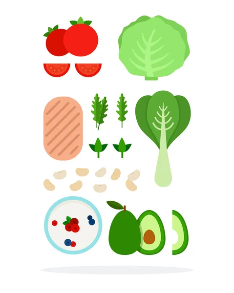 Avocado, witte bonen, arugula, kool, kipfilet, Chinese kool, pudding met bessen, tomaten — Stockvector