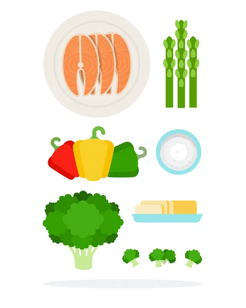 Zalm op een bord, van aspergestengels, rood, groen, gele paprika 's, kwark, boter in een schotel, broccoli bloemen — Stockvector