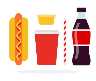 Hot dog, tall plastic cup for drinks, soda in a bottle, straws, mustard container