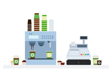 Fincanlı kahve makinesi ve kasa dairesi izole.