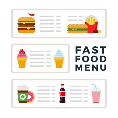 Fast food menu with ice cream, burgers and drinks flat vector