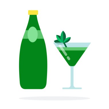 Bardaktaki nane kokteyli ve yeşil şişedeki su izole edilmiş.