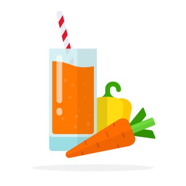 Bir bardak havuç suyu, pipetli, havuçlu ve sarı biberli.