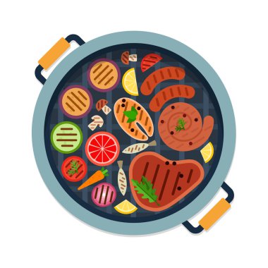 Sosisler, biftek, balık ve sebzeler ızgaranın üst tarafında izole edilmiş.