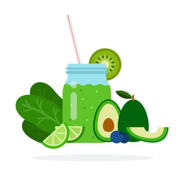 Bir kavanozda vitamin kokteyli. İçinde yeşil sebzeler ve izole meyveler var.