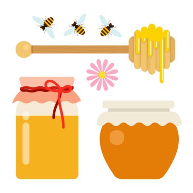Bal kutuları, bal, kaşık ve arı vektörleri izole edilmiş.