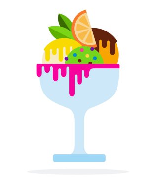 Dondurma topları vazoda. Sos vektörü düz izole edilmiş.