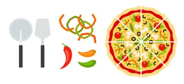 Dilimlenmiş İtalyan pizzası. Aletler ve biberli düz ikon vektörü izole edilmiş.