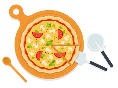 Tahta üzerinde mantarlı pizza ve çatal bıçak yassı ikon vektörü izole.