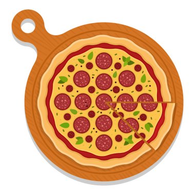 Pepperoni pizza tahtası üzerinde tek kesikli vektör izole edilmiş.