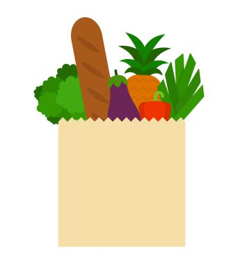 Ürünlerin olduğu kağıt torba düz simge vektörü izole