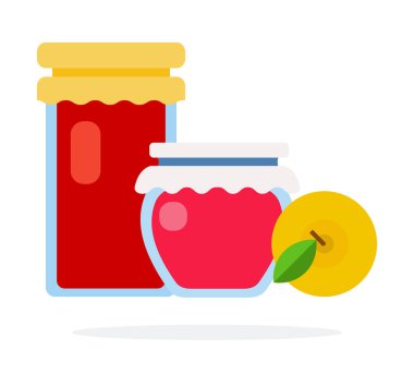 Çilek reçelli kavanozlar ve yalıtılmış sarı elma