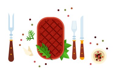 Sebzeli biftek ve çatal bıçaklı vektör.