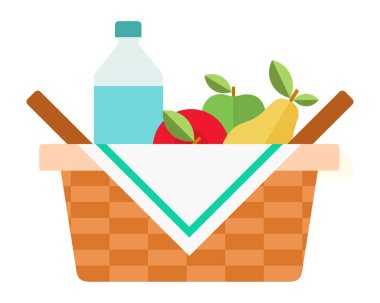 Meyve ve su vektör simgesi izole edilmiş piknik sepeti