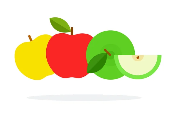 Roter, gelber und grüner Apfel mit Scheibe — Stockvektor