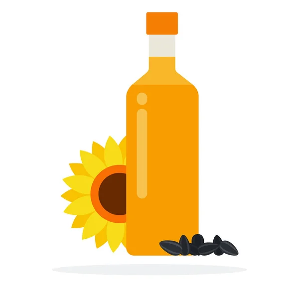 Бутылка подсолнечного масла с подсолнухами и семенами подсолнечника — стоковый вектор