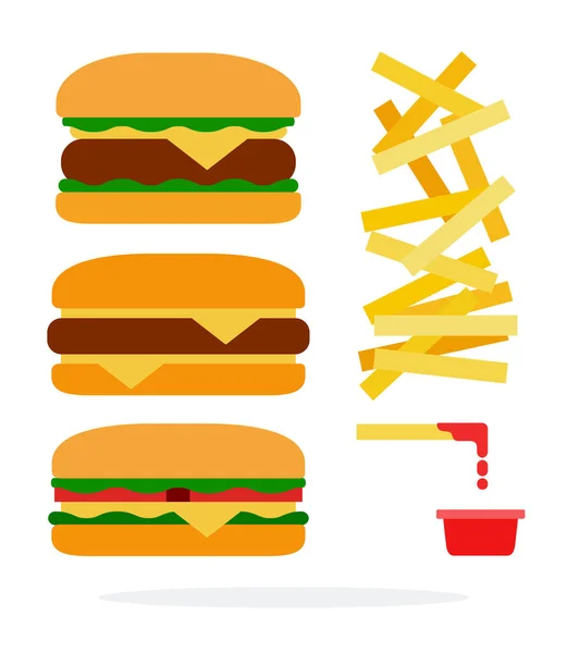 Cheeseburger, burger with beef, veggie burger and french fries with ketchup — Stock Vector