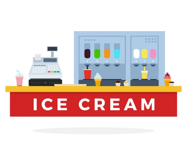 Contador de helados con alimentos y herramientas vector plano — Vector de stock