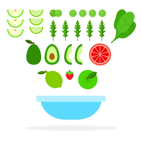 Pieces of Green fruit, leaves of arugula and spinach fly over a plate flat isolated — Stock Vector