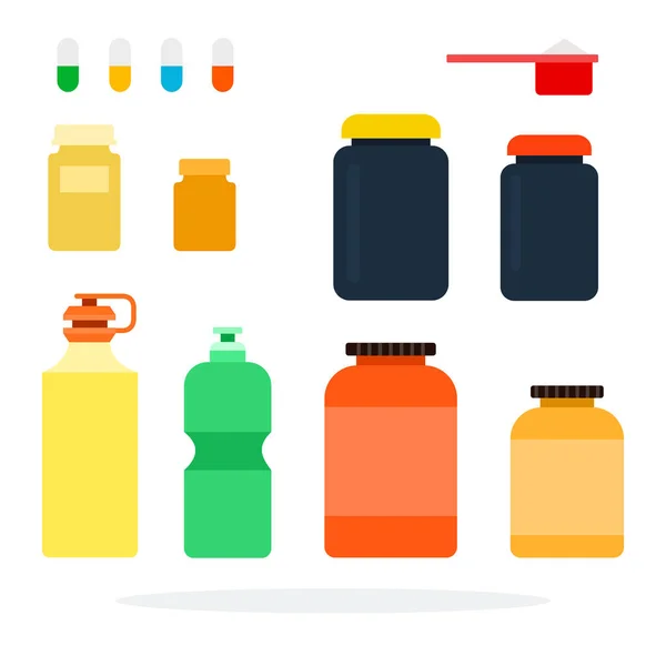 Suplementos nutricionales, vitaminas deportivas y botellas deportivas para agua plana aislada — Vector de stock