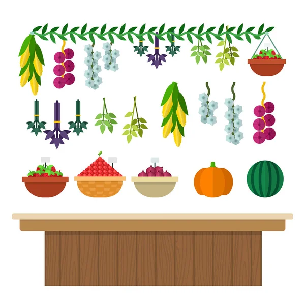 Dřevěný pult se zeleninou, bylinkami a bobulemi v koši vektorové ploché izolované — Stockový vektor