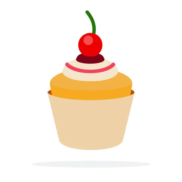 Muffin con crema y cereza plana aislada — Vector de stock