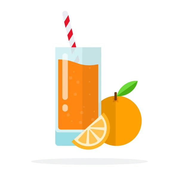 Glass of juice with straw and orange near flat isolated — Stock Vector