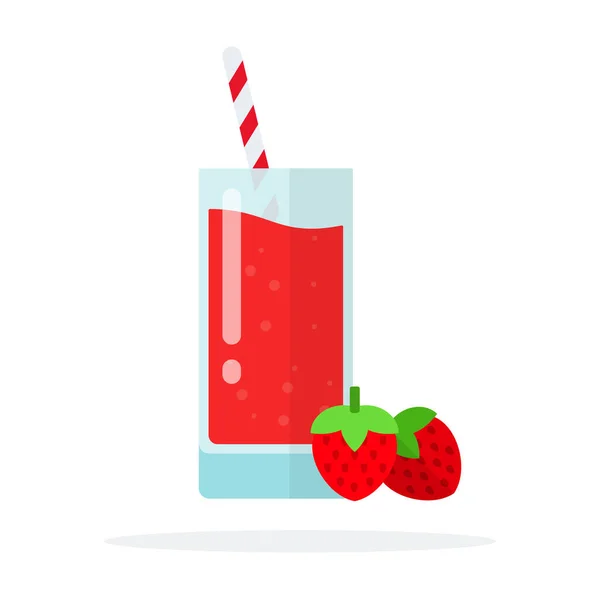 Fraises mûres et un verre de jus de fraise avec des pailles plat isolé — Image vectorielle