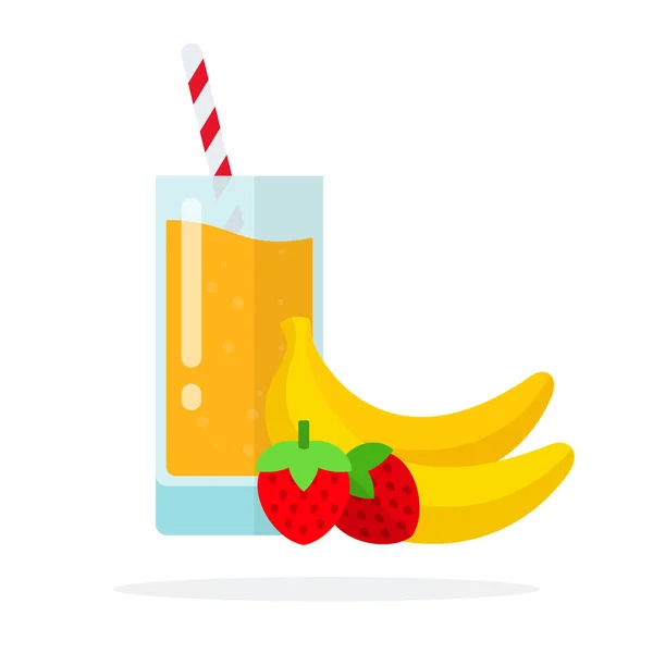 Smoothies à la banane fraise dans un verre avec des pailles et des bananes et des fraises près plat isolé — Image vectorielle