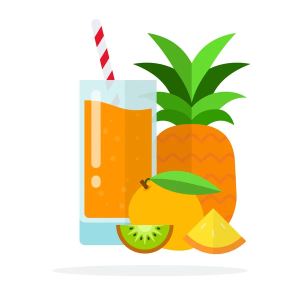 Мультивитаминный сок в стакане, ананас, абрикос, кусочек киви и кусочек ананаса плоский изолированный — стоковый вектор