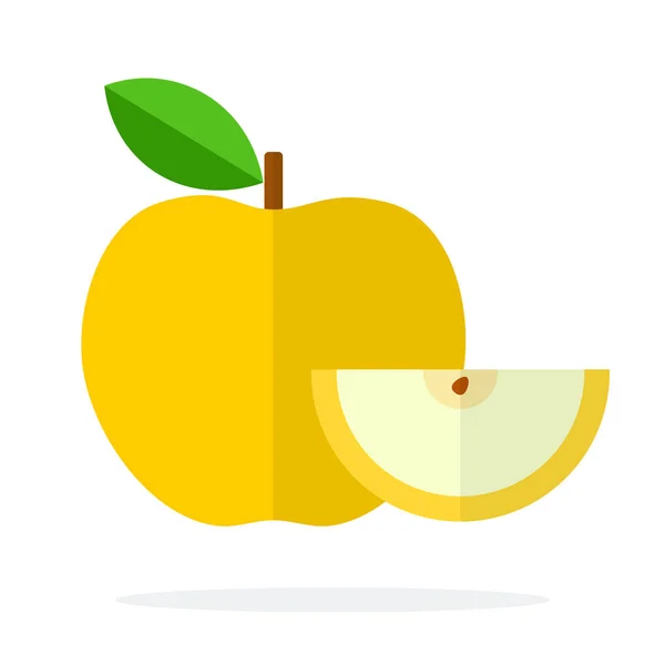 Manzana amarilla con una hoja y una rodaja de manzana plana aislada — Vector de stock