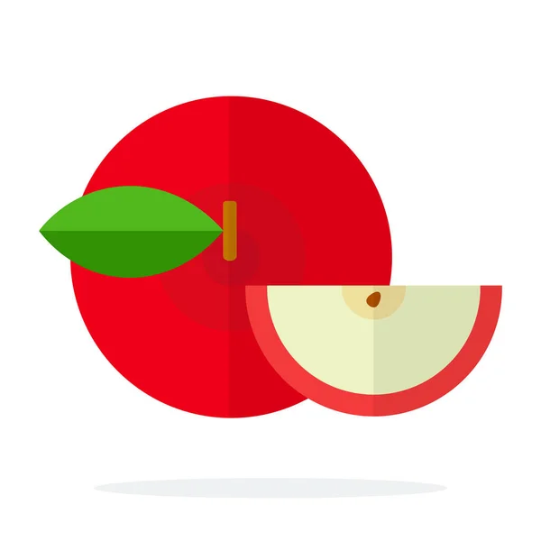 Roter Apfel mit einem Blatt und einem Stück Apfeloberseite flach isoliert — Stockvektor
