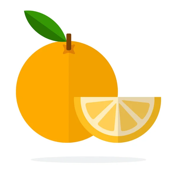 Orange avec une tige et une feuille et segment d'orange plat isolé — Image vectorielle