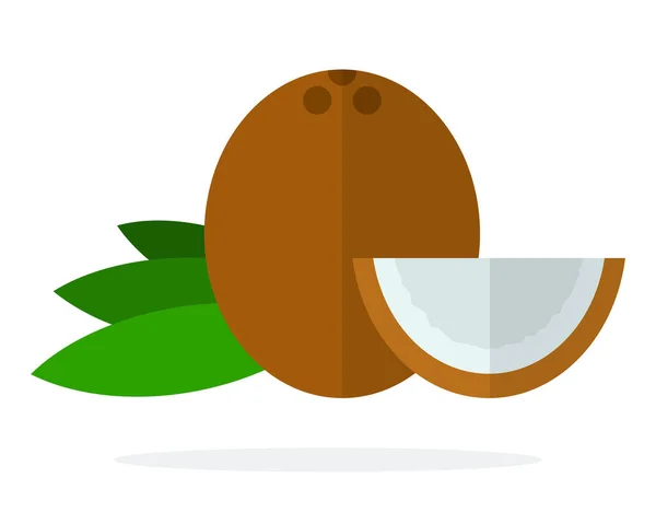 Whole coconut, coconut leaves and a piece of coconut flat isolated — 스톡 벡터