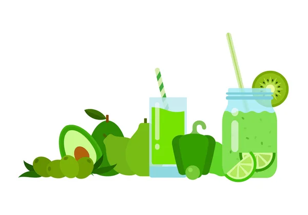 Зеленые овощи и фрукты с коктейлями в стакане и в стеклянной банке с плоской изолированной соломинкой — стоковый вектор