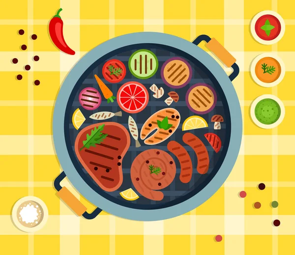 Cijfers van groenten, vis en vlees op een ronde grill, sauzen op een geel tafelkleed in een kooi plat geïsoleerd — Stockvector